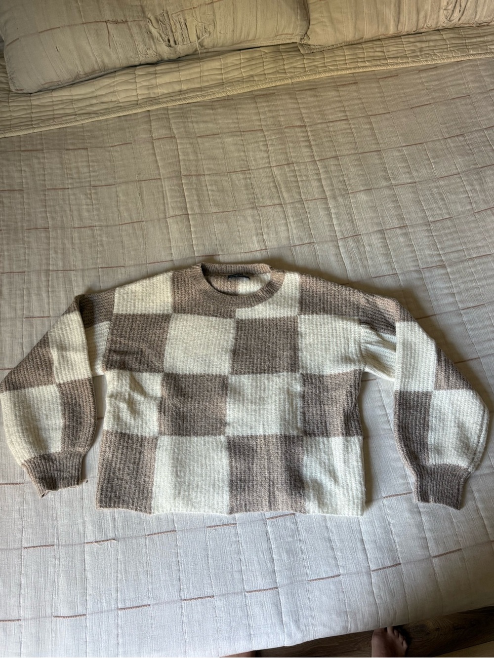 Sweet Love Checkerboard Crewneck Sweater in Cream and Taupe